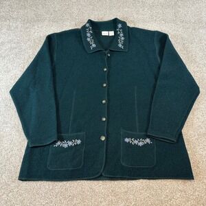 Cherokee Plus Size 22W 24W Dark Green Wool Embroidered Floral Cardigan Jacket